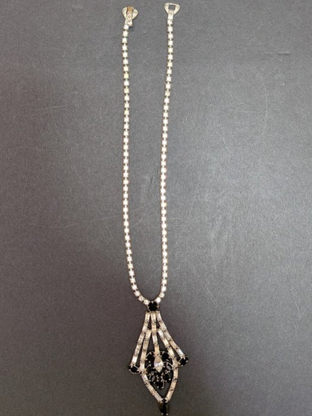 Vintage Black Clear Rhinestone Pendant Necklace Art Deco Style